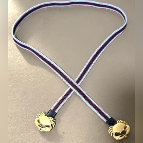 Tory burch Crab Clasp Striped Webbing Skinny Elastic Belt Blue Red - Picture 2 of 16